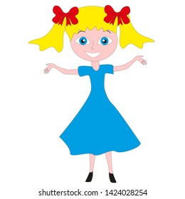 Happy smiling girl in blue dress isolated on a white background.