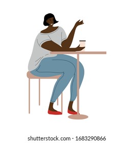 Happy smiling girl in blue jeans sitting at a table drinking coffee from a plastic cup. Vector illustration in flat cartoon style.