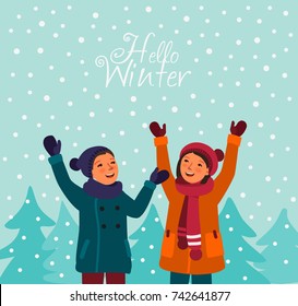 Happy and smiling girl and boy having fun outdoor in winter forest under snowflakes. Magic snowfall. Christmas and New Year vector illustration