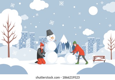 Happy smiling girl and boy in warm winter clothes making snowman in urban park vector flat illustration. Winter city covered with snow. Man and woman at Christmas holidays concept.