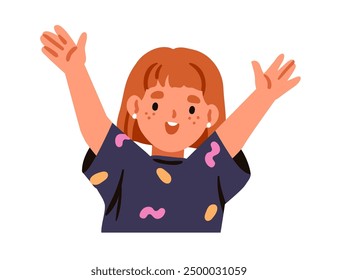 Happy smiling girl celebrating with smile and arms, hands up. Cute joyful kid character. Child with excited and cheerful emotion, joy expression. Flat vector illustration isolated on white background