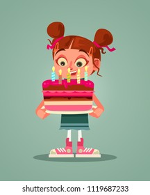 Happy smiling girl character holding cake with candle and making wishes. Happy birthday celebrating flat cartoon graphic design concept isolated illustration