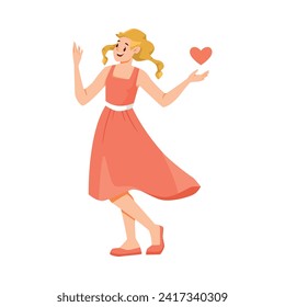 Personaje de chica sonriente feliz con una ilustración de un vector de vestir rojo