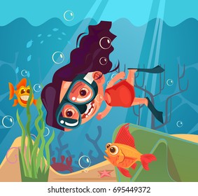 Happy smiling girl character scuba diving. Vector flat cartoon illustration