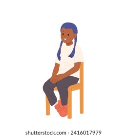 Happy smiling girl child cartoon character sitting on chair feeling interest and positive emotion