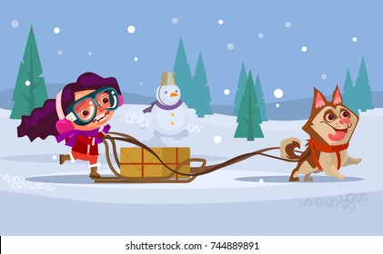 Happy smiling girl child character riding dog husky sled. Winter holiday concept. Vector flat cartoon illustration