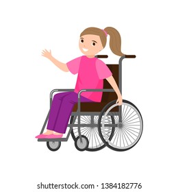 Happy smiling girl with colorful clothes staying in wheelchair