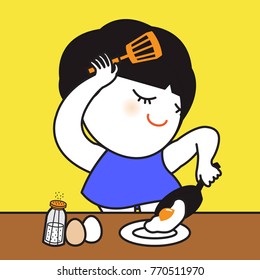 Happy Smiling Girl Cooking Fry Egg In Her Kitchen Concept Card Character illustration