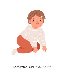 Happy smiling girl crawling. Portrait of kid in home clothes. Little child moving on knees and hands. Flat vector illustration of cute adorable baby isolated on white background.