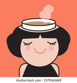 Happy Smiling Girl With A Cup Of Hot Coffee In Her Head. Concept Card Character illustration