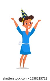 Happy smiling girl in cute dress, party cap cartoon. Cheerful female child standing with raised hands isolated on white. Kids party. Birthday celebration. Enjoyment and holidays. Vector illustration