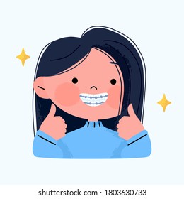 Happy smiling girl with dental braces and showing thumbs up. Hand drawn cute cartoon character hand drawn portrait vector