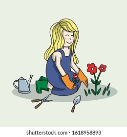 Happy Smiling Girl Doing Gardening Activity Planting Red Flowers