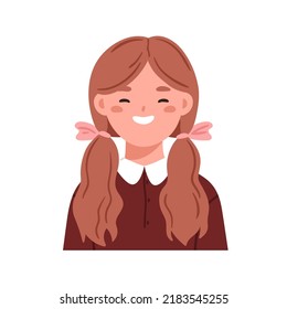 Happy lächelnde Mädchen Gesicht Porträt. Rute Schulkind mit zwei Ponytails. Schulmädchen, kleine Schülerin. Kopf Avatar von Smiley Kind. Flache Vektorgrafik einzeln auf weißem Hintergrund