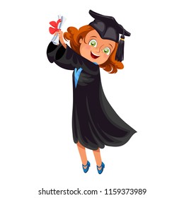 Happy smiling girl in gown with diploma throwing cap vector illustration.