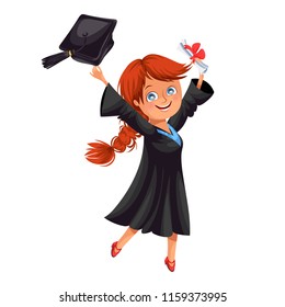 Happy smiling girl in gown with diploma throwing cap vector illustration.