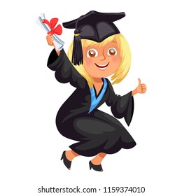 Happy smiling girl in gown with diploma throwing cap vector illustration.