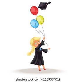 Happy smiling girl in gown with diploma throwing cap vector illustration.