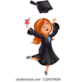 Happy smiling girl in gown with diploma throwing cap vector illustration.
