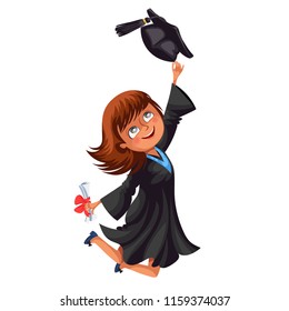 Happy smiling girl in gown with diploma throwing cap vector illustration.