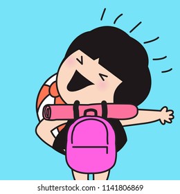 Happy Smiling Girl With Her Backpack And Essential Stuff Ready For Holiday Vacation Traveling Concept Card Character illustration