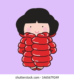 Happy Smiling Girl With Her Puffer Jacket. Concept Of Winter Season Greeting Card Character illustration