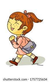 Happy Smiling Girl Holding Bag Walking Isolated On White Background. Cute Schoolgirl Crossing Road. Pretty Child Moving Ahead. Back To School And Study. Education, Childhood. Side View. Vector Design
