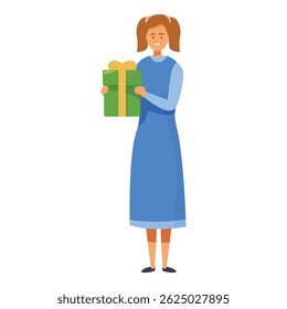 Happy smiling girl holding a present gift box with yellow ribbon, birthday, christmas or valentine's day celebration, festive holiday gift giving concept
