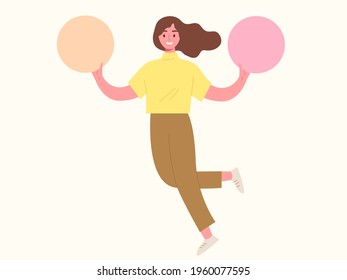 Happy smiling girl holding two blank circle pad. Concept of choice, choosing between two things, selection, empty placard, option, picking. Flat vector illustration cartoon character.