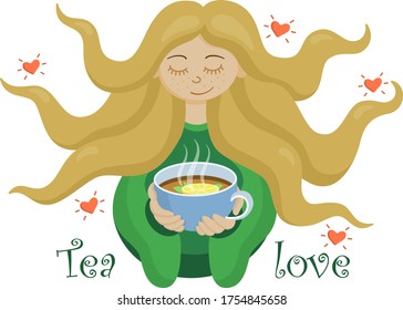 Happy smiling girl holds a cup of hot tea with lemon. 
Young woman loves to drink tea because it makes her feel relaxed and peaceful.Tea lover.
