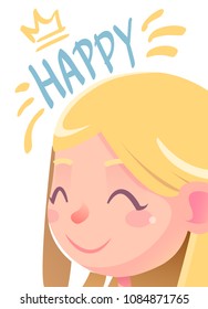 Happy smiling girl illustration. Banner, background, flyer, placard, in cartoon style with cute girl. Poster, Vector card for greeting, decoration, congratulation. Close-up portrait, princess.