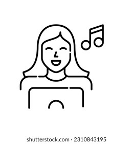 Happy smiling girl listening to music at her laptop. Relaxation and entertainment. Pixel perfect, editable stroke