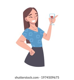 Happy Smiling Girl Making Celebratory Toast Vector Illustration on White Background