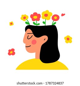 Happy smiling girl. Mental health concept. Vector hand drawn illustration on white background.