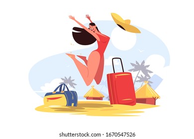 Fröhliches lächelndes Mädchen auf der Vektorillustration des Strandes. Fröhliche Frau in rotem Badeanzug springt vor Freude. Goldener Sand, Palmen und blauer Himmel auf dem Hintergrund. Reisekonzept