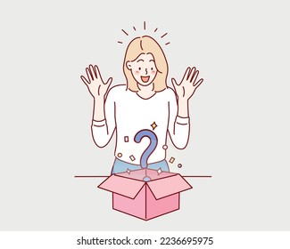 happy smiling girl opening a gift box. Mystery box icon question mark inside gift box. Hand drawn style vector design illustrations.