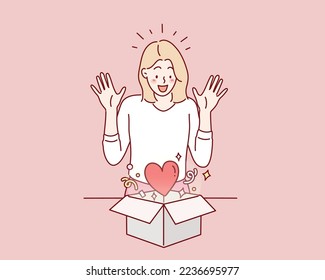 happy smiling girl opening a gift box. Mystery box icon heart mark inside gift box. Hand drawn style vector design illustrations.