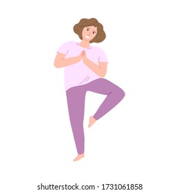 Happy smiling girl in pink clothes doing yoga asana exercise tree pose. Vector illustration in cartoon style.