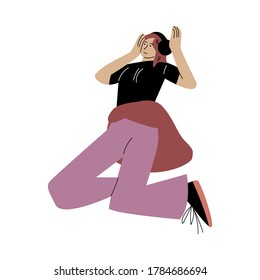 Happy smiling girl in pink pants dancing and listening to music with headphones. Vector illustration in flat cartoon style