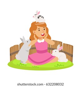 Happy smiling girl playing with small rabbits in a mini zoo. Colorful cartoon character vector Illustration