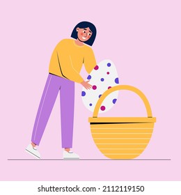 Happy smiling girl put easter egg in basket. Flat vector illustration