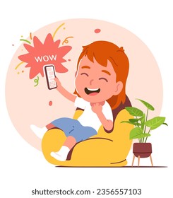 Feliz sonriente chica recibió buenas noticias, wow elogios, retroalimentación positiva en su teléfono en la aplicación de mensajería de chat. Persona exiliada riendo con gesto de ganador del celular, celebración del éxito. Ilustración del vector