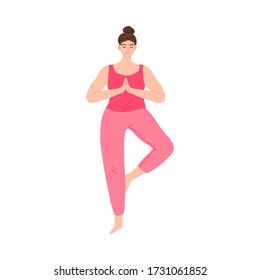 Happy smiling girl in red clothes doing yoga asana exercise tree pose. Vector illustration in cartoon style.