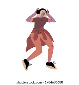 Happy smiling girl in red pants dancing and listening to music with headphones. Vector illustration in flat cartoon style
