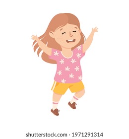 Happy Smiling Girl Running with his Arms Raised, Cheerful Preschool Kid Having Fun on Isolated White Background Vector Illustration