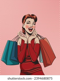 Happy smiling girl shopping: excited woman holding a shopping bag in a retro-style illustration