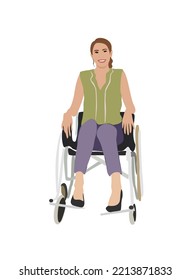 Happy smiling  girl sitting in wheelchair. Disabled woman or hospital patient. Inclusive business people concept. Cartoon style vector realistic illustration isolated on white.