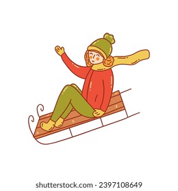 Happy smiling girl sledding down the hill. Winter outdoor activities and sports. Vector colorful illustration isolated hand drawn with contour