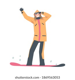 Happy Smiling Girl Snowboarding, Snowboarder Character Dressed in Winter Clothing, Extreme Sport Activities, Winter Vacation Cartoon Style Vector Illustration