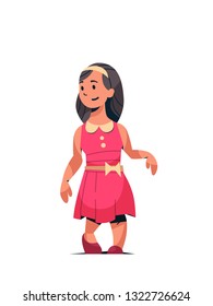 happy smiling girl standing pose little child in pink dress female cartoon character full length flat white background vector